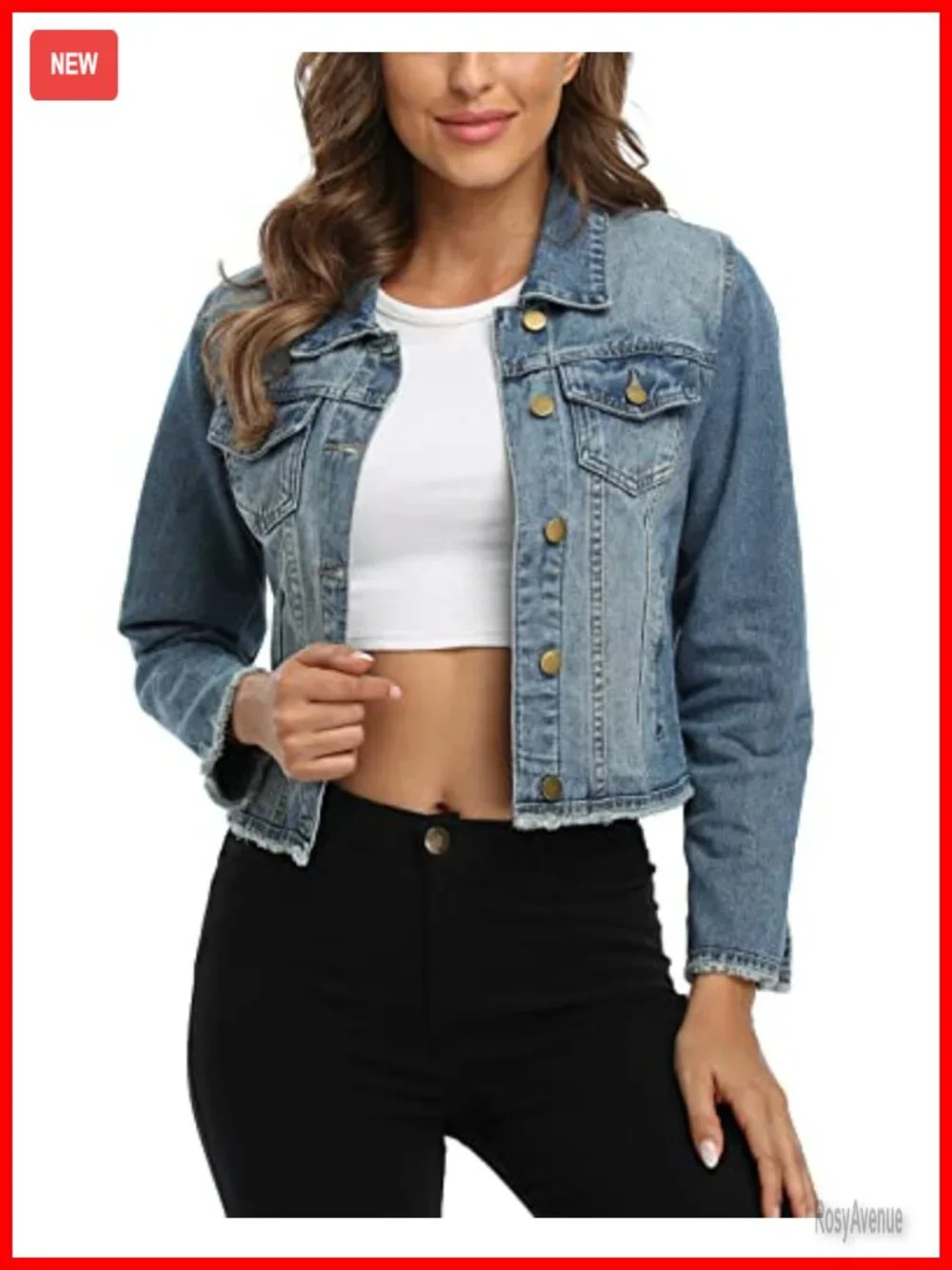 Cropped Denim Jacket with Frayed Details and Long Sleeves